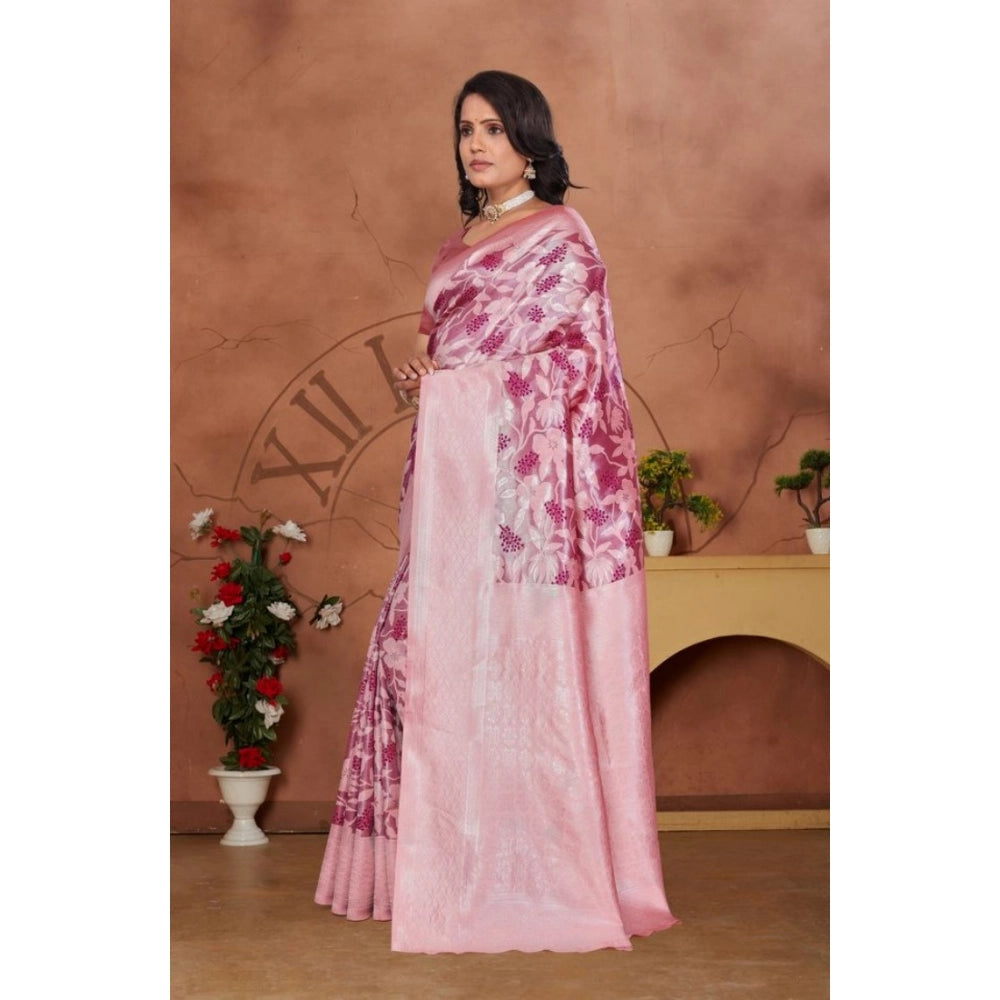 Women's Banarasi Silk Jaquard Woven Saree With Unstitched Blouse 5.5Mtr (Pink)