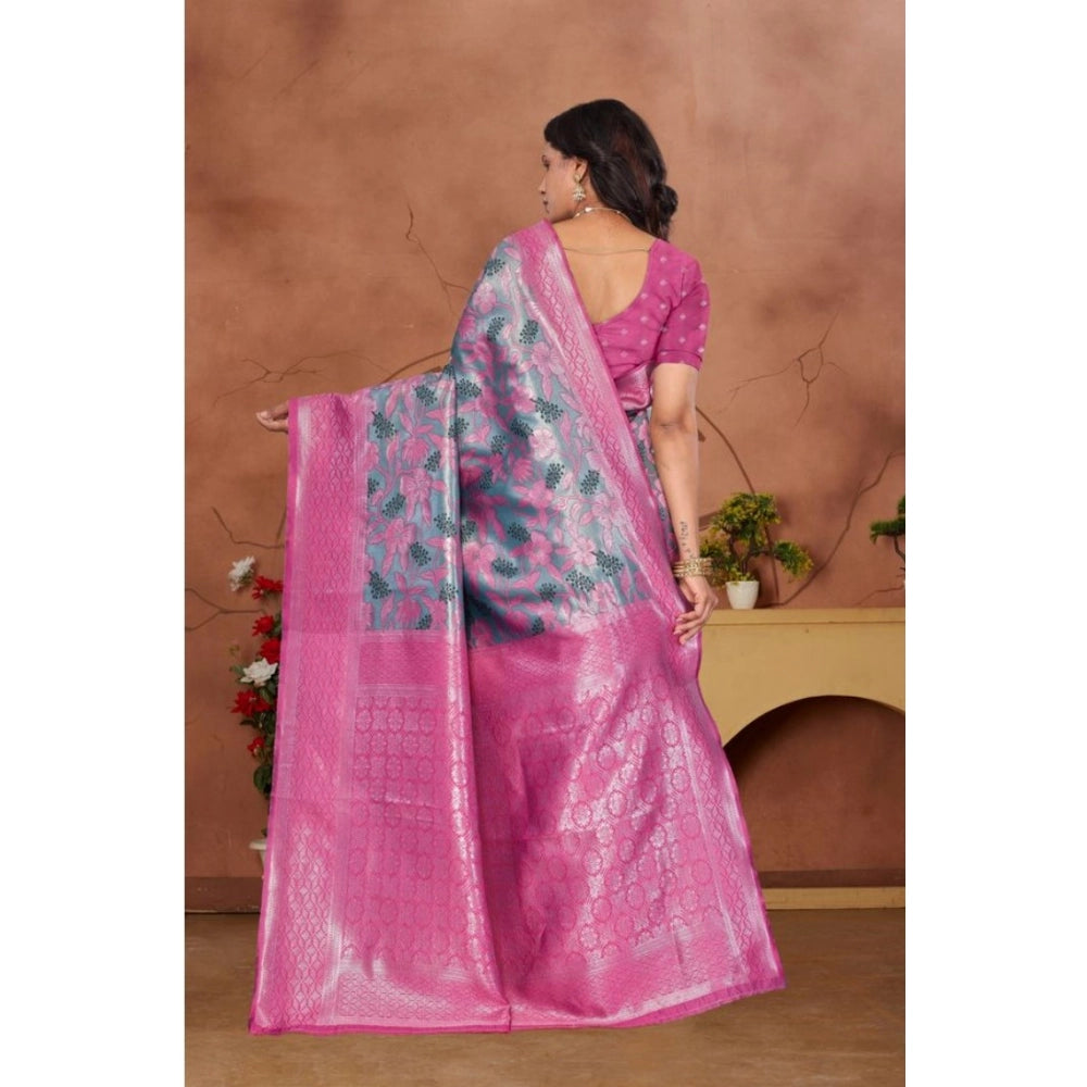 Women's Banarasi Silk Jaquard Woven Saree With Unstitched Blouse 5.5Mtr (Pink)