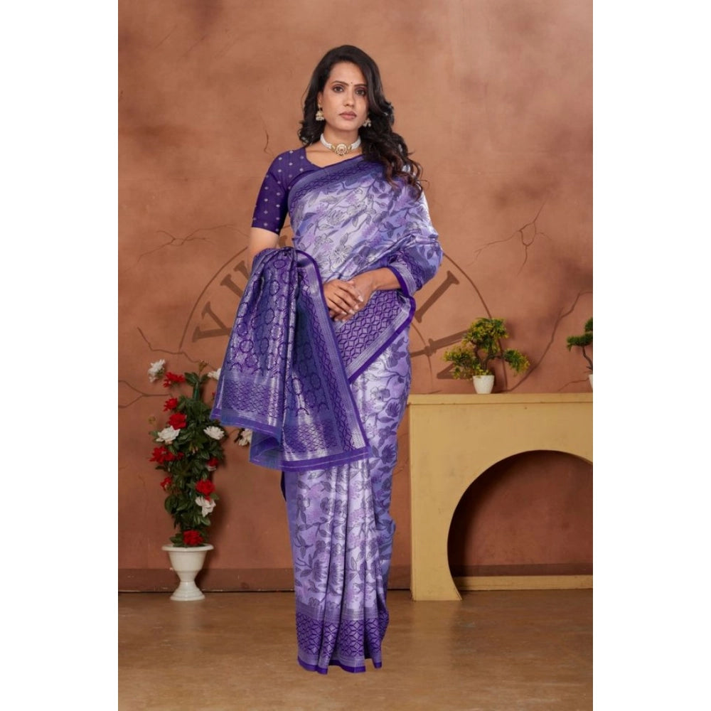 Women's Banarasi Silk Jaquard Woven Saree With Unstitched Blouse 5.5Mtr (Purple)
