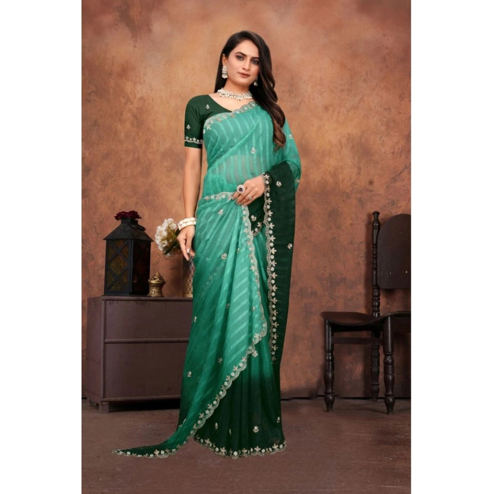 Women's Chiffon Embroidred Saree With Unstitched Blouse 5.5Mtr (Dark Green)