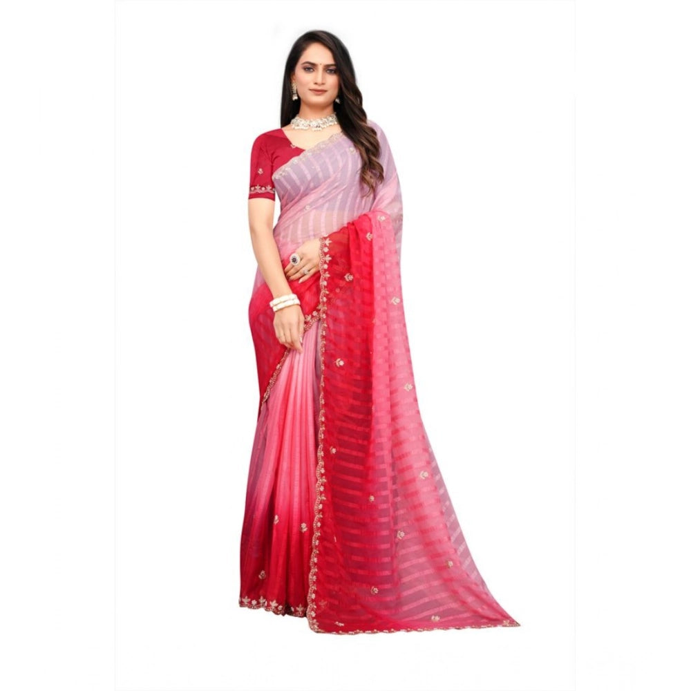 Women's Chiffon Embroidred Saree With Unstitched Blouse 5.5Mtr (Pink)