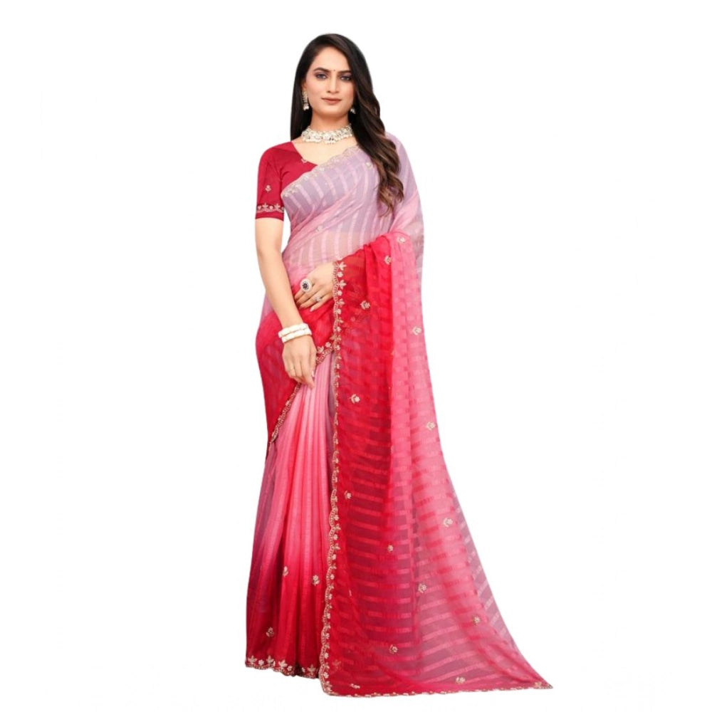 Women's Chiffon Embroidred Saree With Unstitched Blouse 5.5Mtr (Pink)