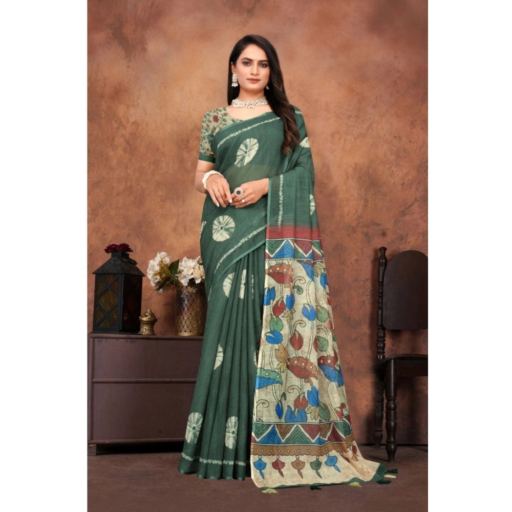 Women's Linen Printed Saree With Unstitched Blouse 5.5Mtr (Dark Green)