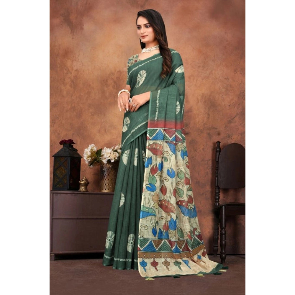 Women's Linen Printed Saree With Unstitched Blouse 5.5Mtr (Dark Green)