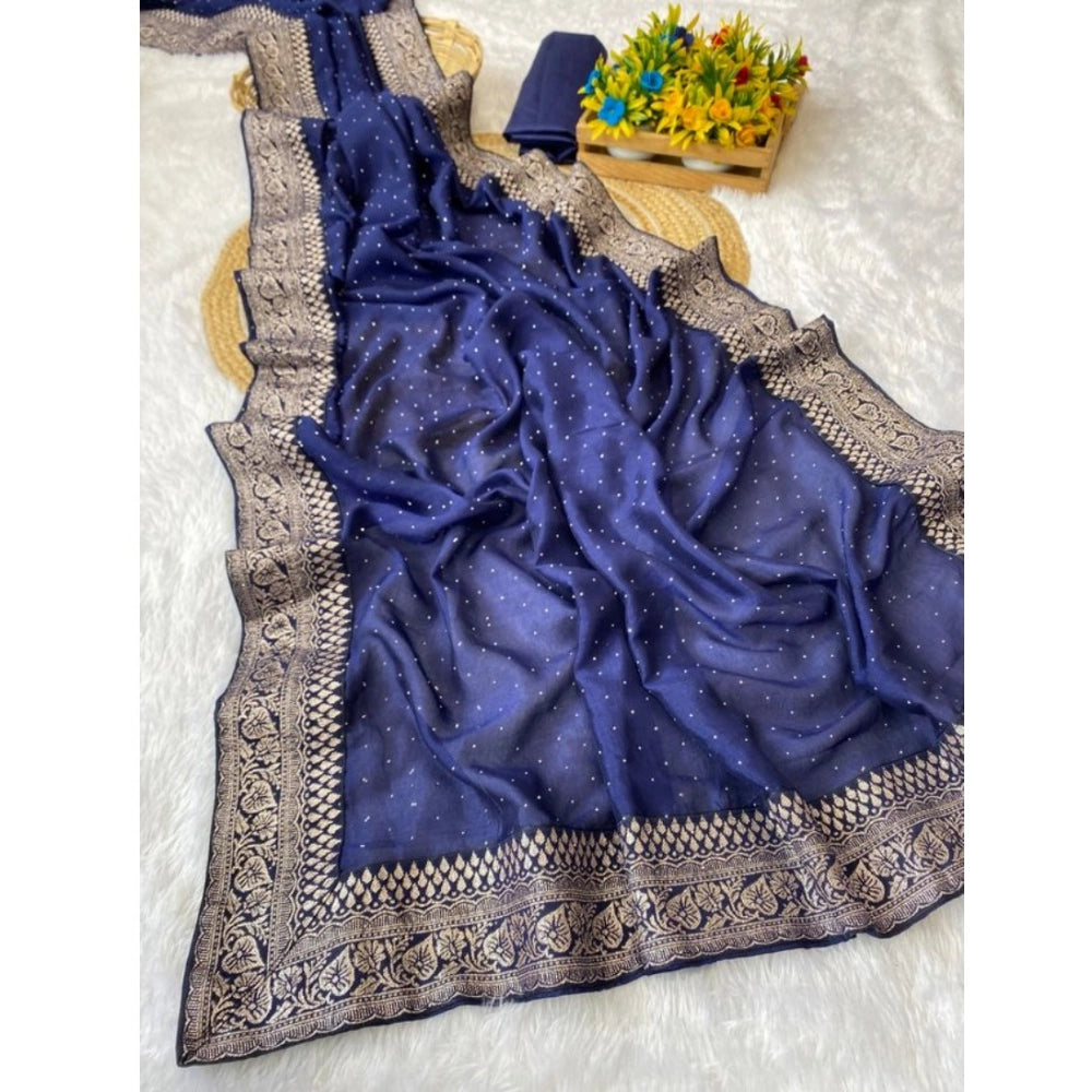 Women's Silk Embroidred Saree With Unstitched Blouse 5.5Mtr (Blue)