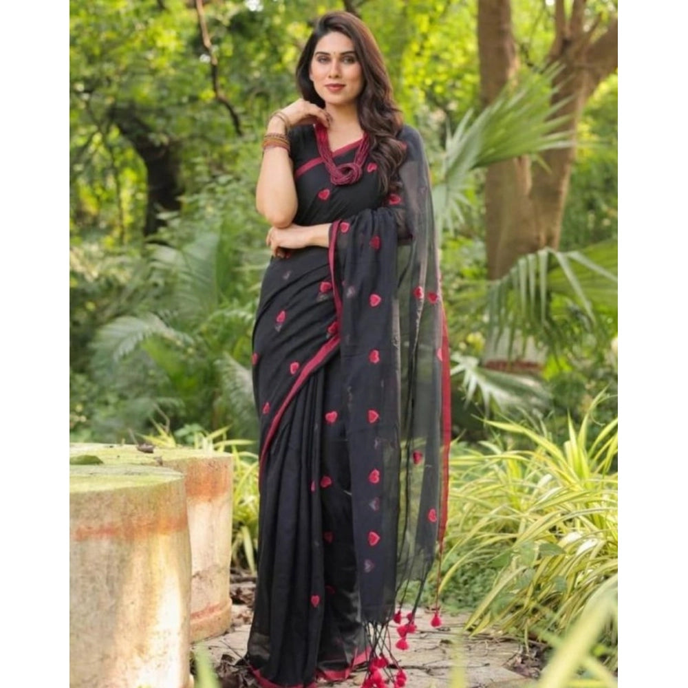 Women's Linen Printed Saree With Unstitched Blouse 5.5Mtr (Black)