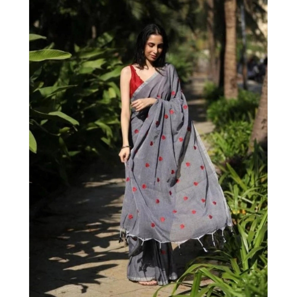 Women's Linen Printed Saree With Unstitched Blouse 5.5Mtr (Grey)