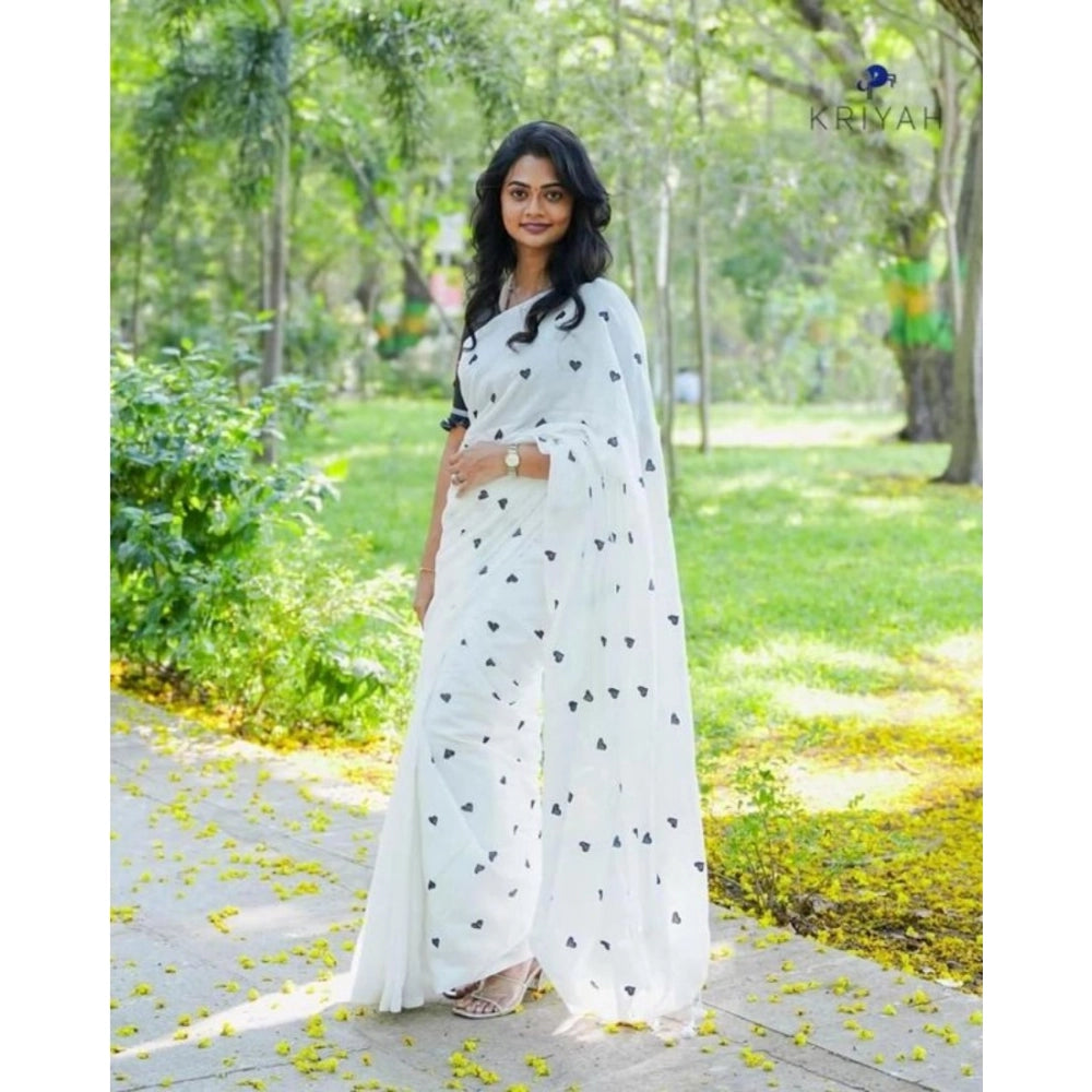 Women's Linen Printed Saree With Unstitched Blouse 5.5Mtr (White)