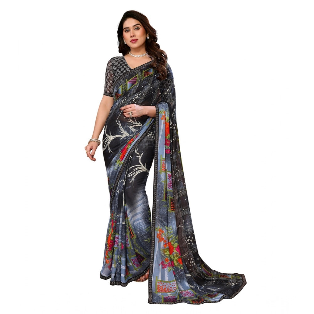 Women's Georgette Printed Saree With Unstitched Blouse 5.5Mtr (Black)