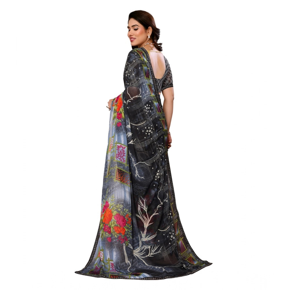 Women's Georgette Printed Saree With Unstitched Blouse 5.5Mtr (Black)