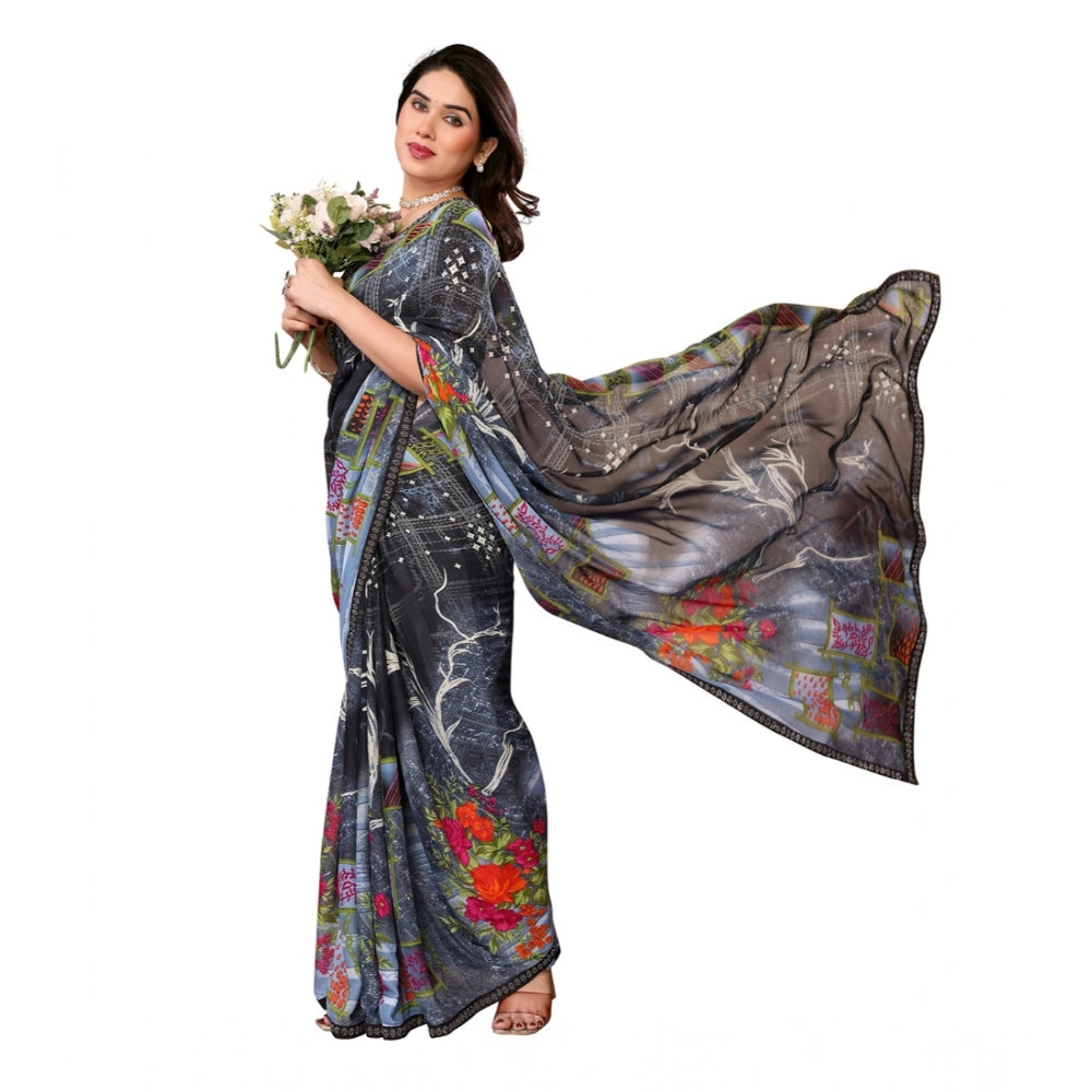 Women's Georgette Printed Saree With Unstitched Blouse 5.5Mtr (Black)