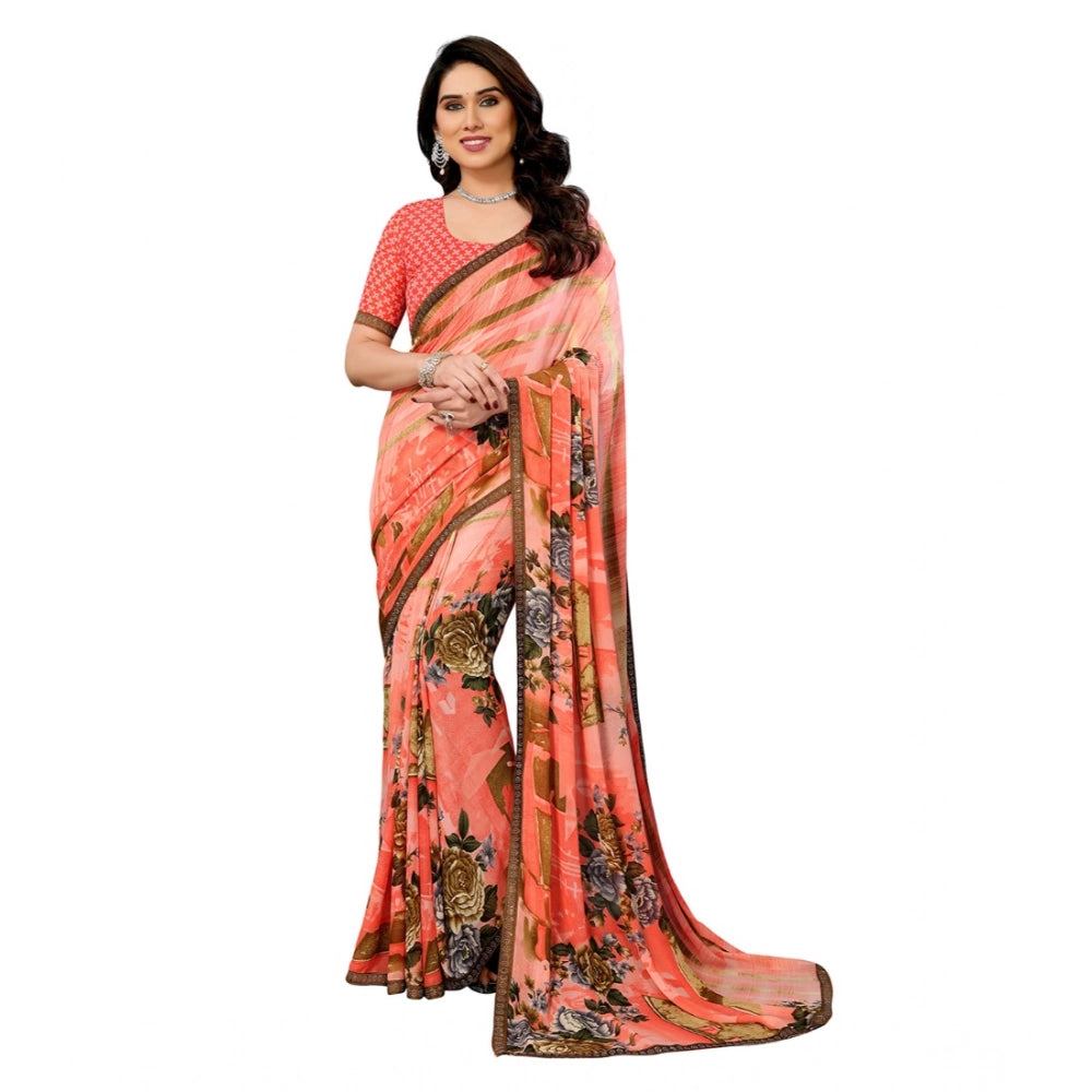 Women's Georgette Printed Saree With Unstitched Blouse 5.5Mtr (Orange)