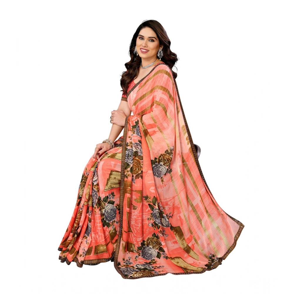 Women's Georgette Printed Saree With Unstitched Blouse 5.5Mtr (Orange)