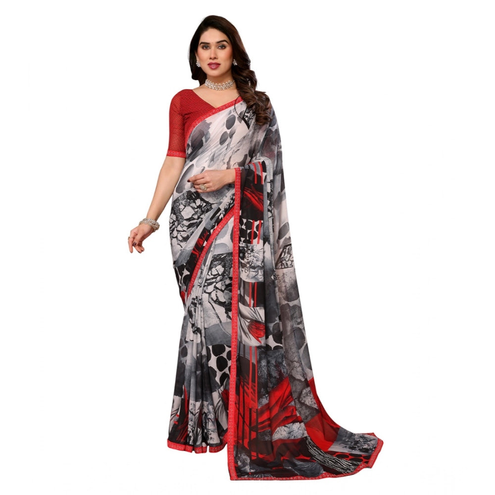 Women's Georgette Printed Saree With Unstitched Blouse 5.5Mtr (Red)