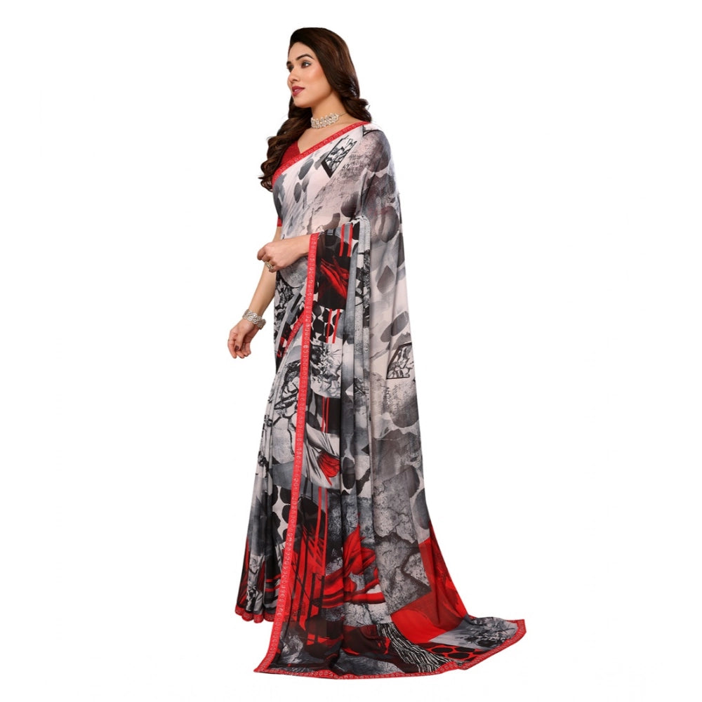 Women's Georgette Printed Saree With Unstitched Blouse 5.5Mtr (Red)