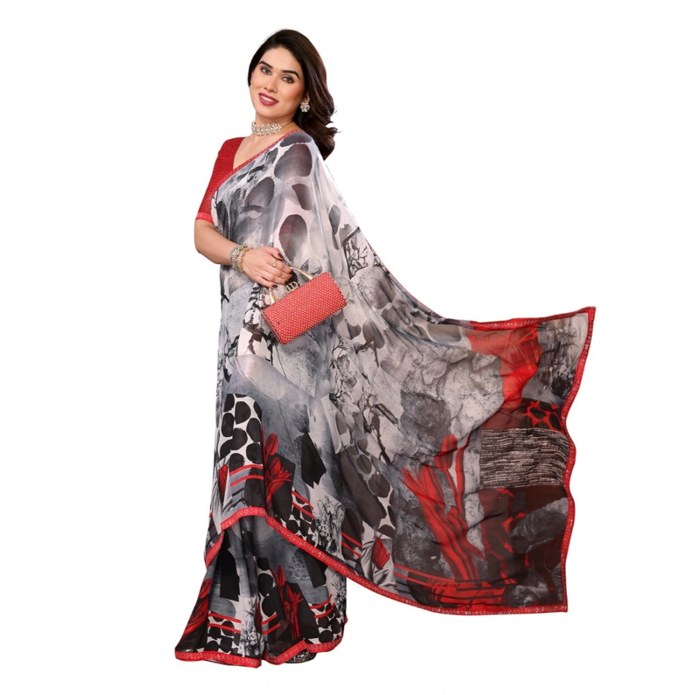 Women's Georgette Printed Saree With Unstitched Blouse 5.5Mtr (Red)