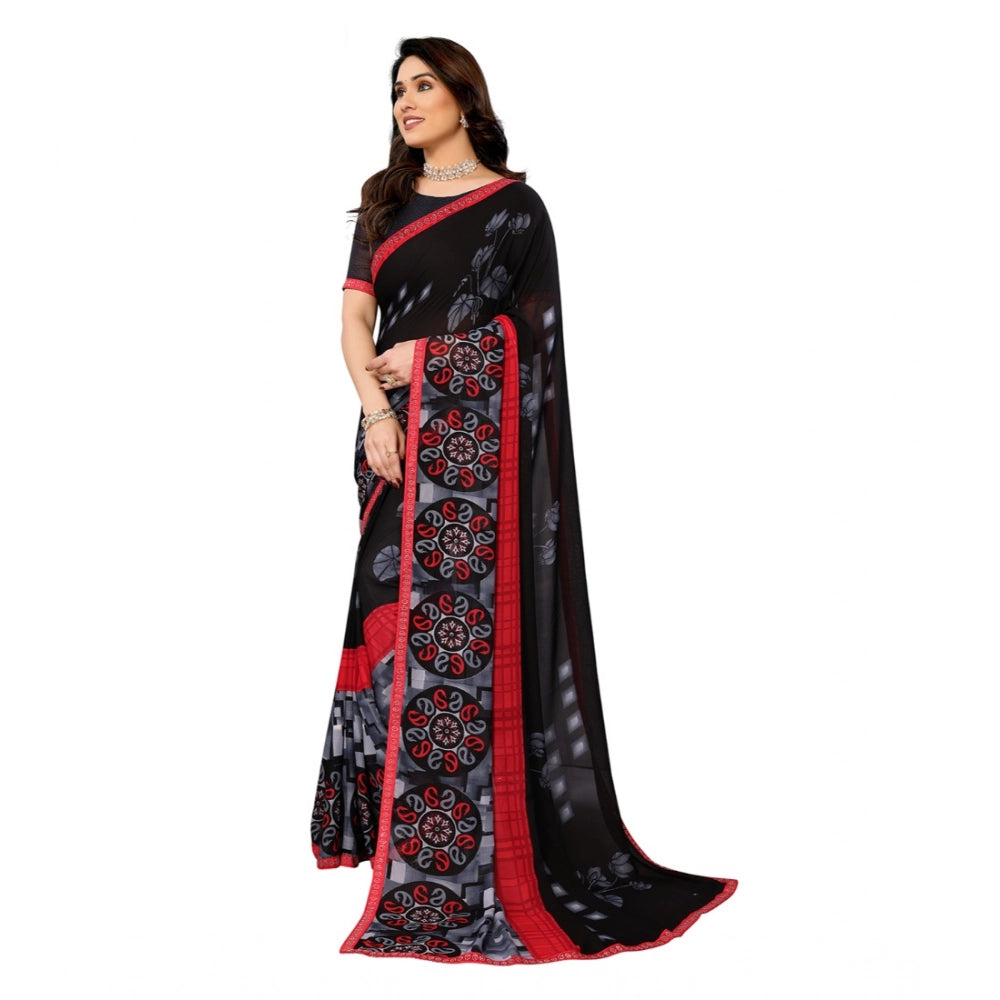 Women's Georgette Printed Saree With Unstitched Blouse 5.5Mtr (Black)
