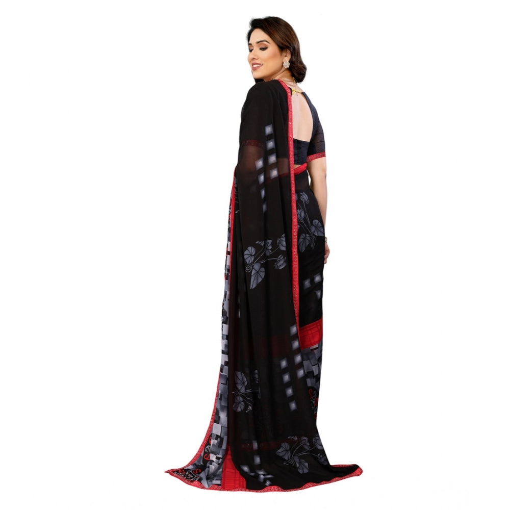 Women's Georgette Printed Saree With Unstitched Blouse 5.5Mtr (Black)
