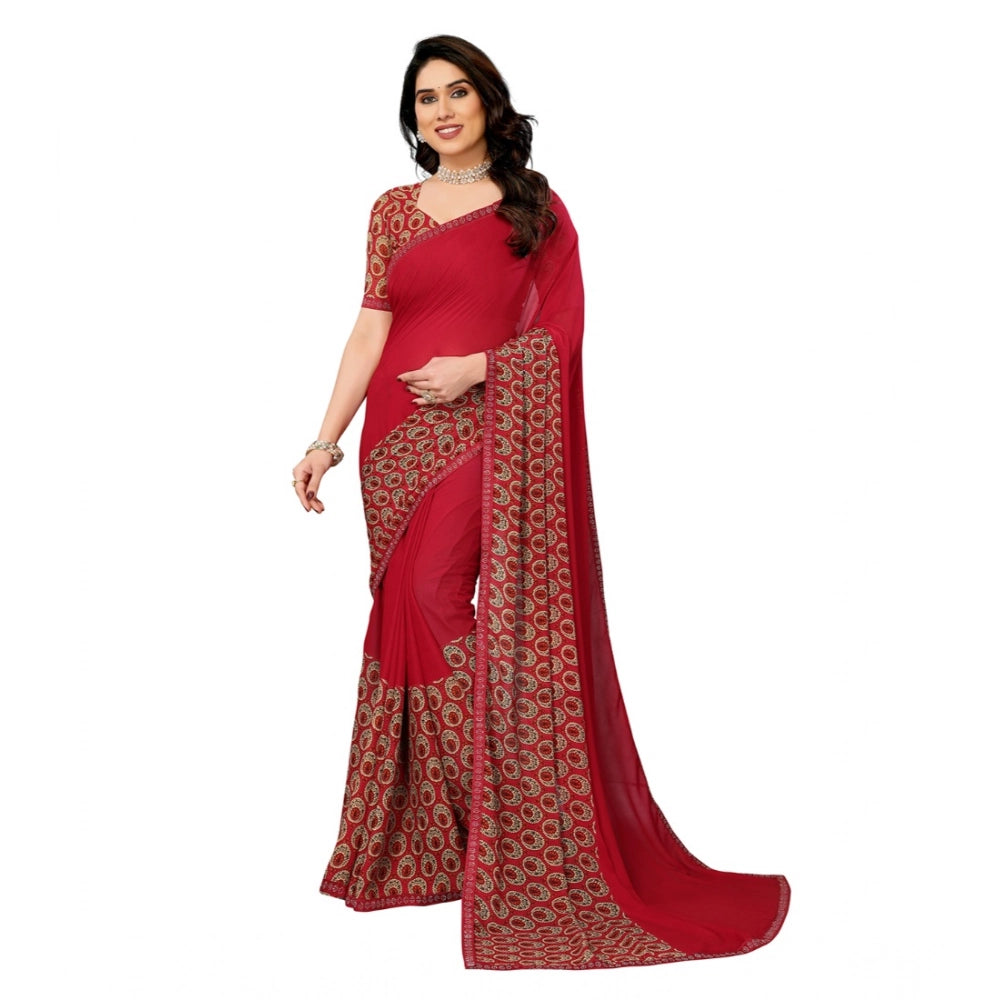 Women's Georgette Printed Saree With Unstitched Blouse 5.5Mtr (Red)