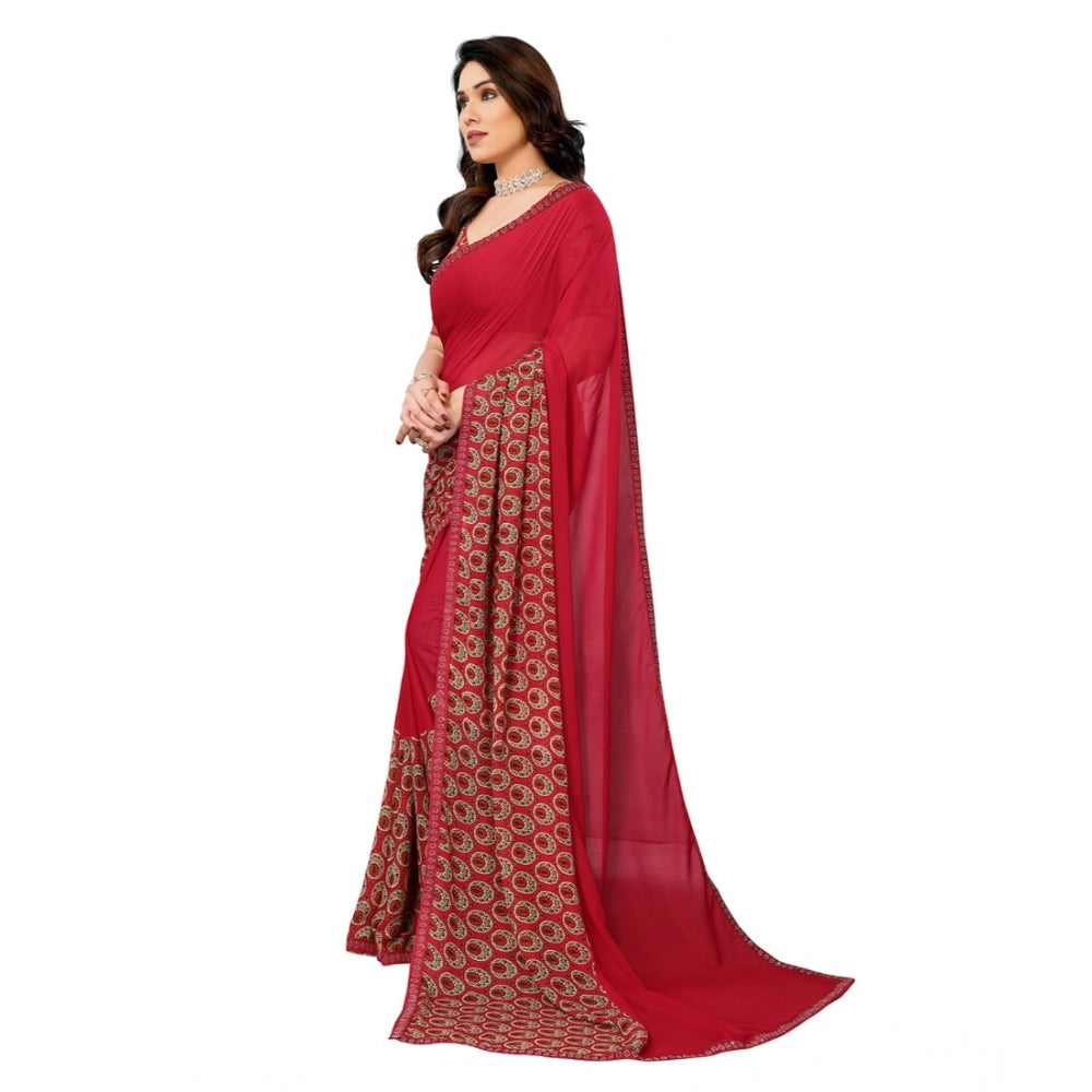 Women's Georgette Printed Saree With Unstitched Blouse 5.5Mtr (Red)