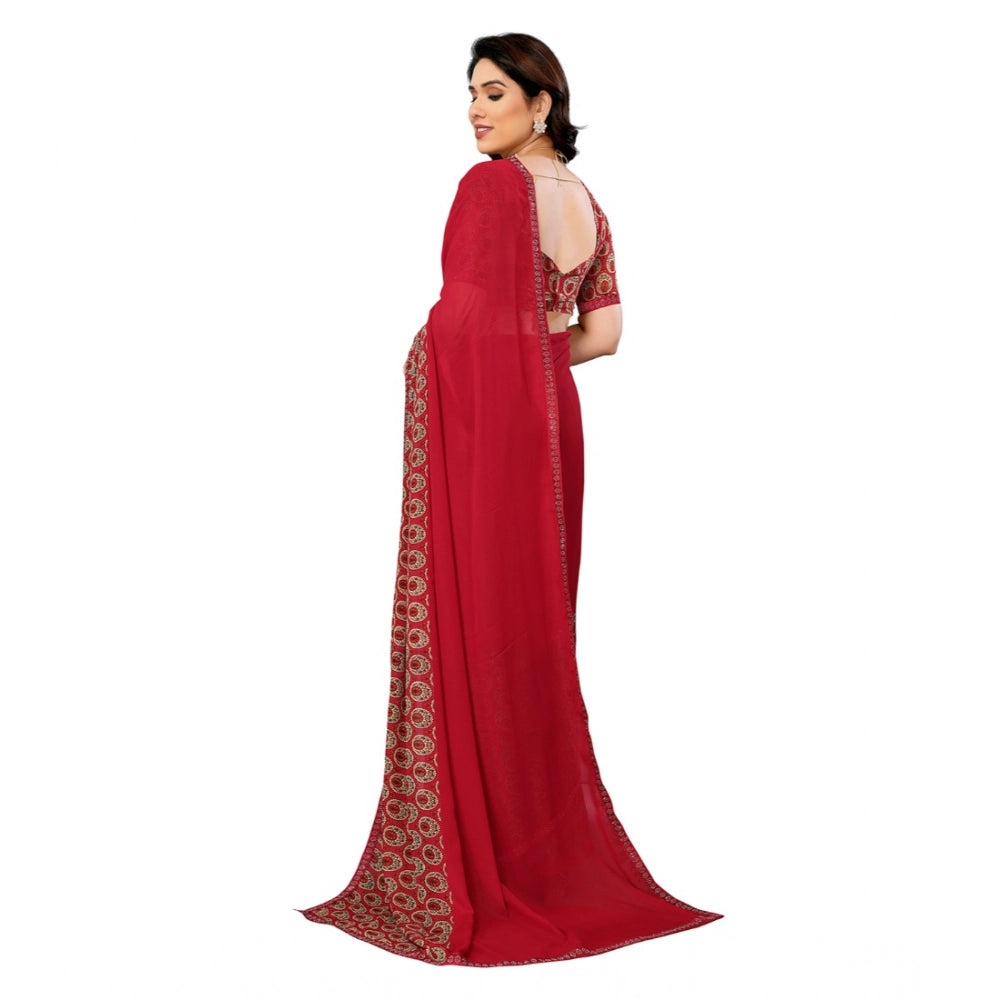 Women's Georgette Printed Saree With Unstitched Blouse 5.5Mtr (Red)
