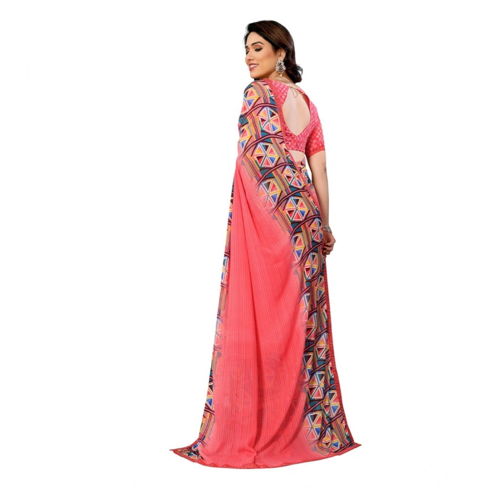Women's Georgette Printed Saree With Unstitched Blouse 5.5Mtr (Pink)