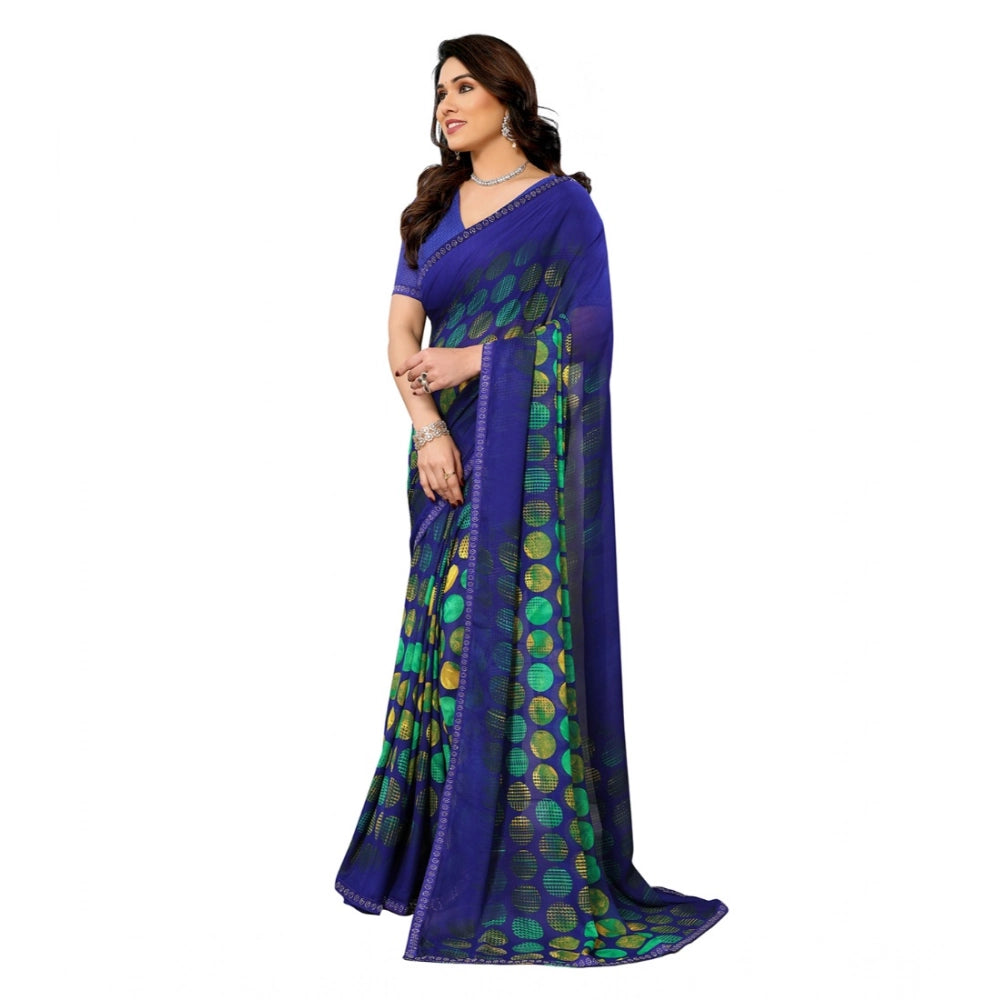 Women's Georgette Printed Saree With Unstitched Blouse 5.5Mtr (Blue)