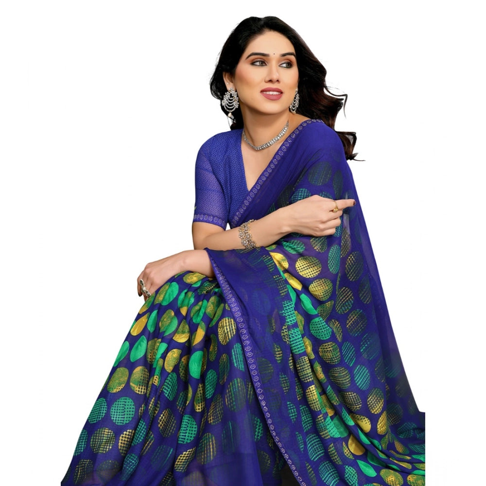 Women's Georgette Printed Saree With Unstitched Blouse 5.5Mtr (Blue)