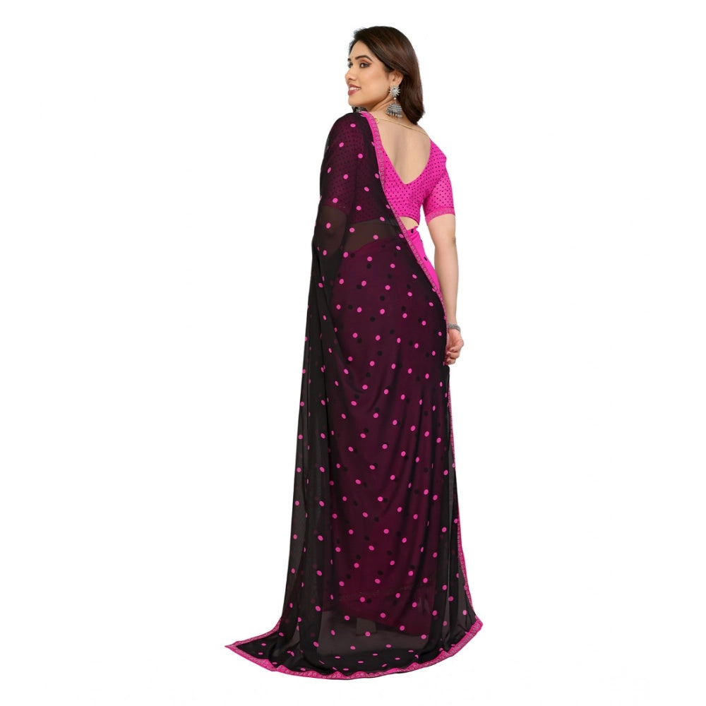 Women's Georgette Printed Saree With Unstitched Blouse 5.5Mtr (Black-Pink)