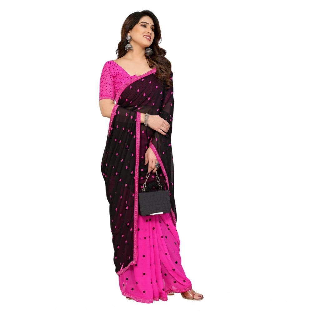 Women's Georgette Printed Saree With Unstitched Blouse 5.5Mtr (Black-Pink)