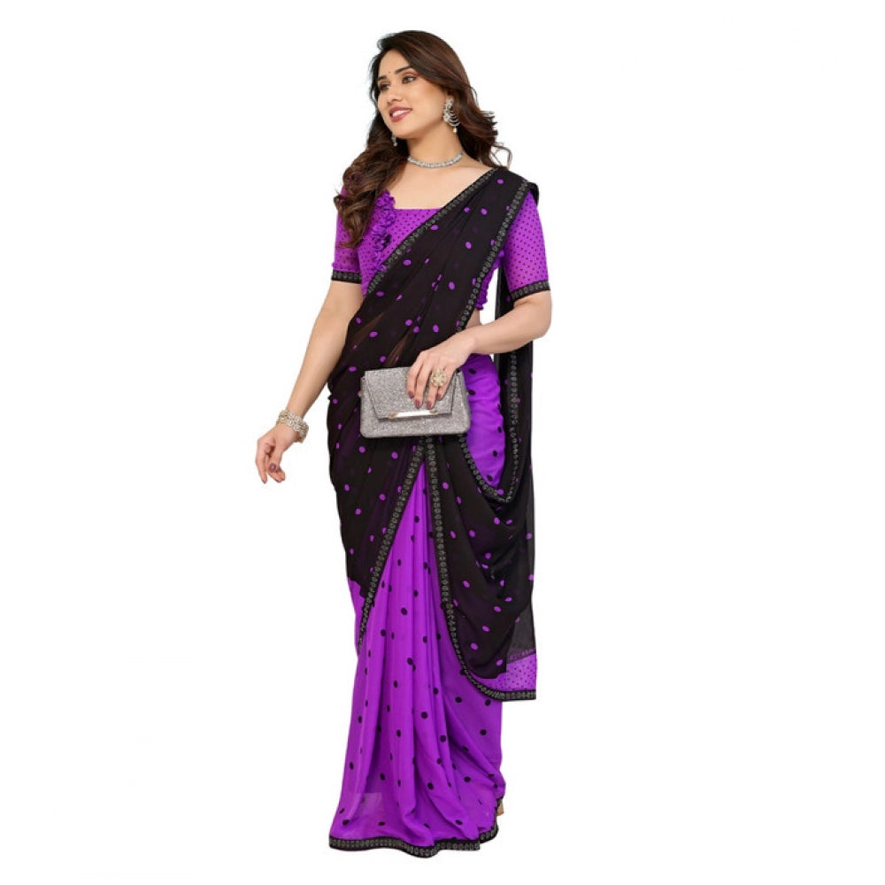 Women's Georgette Printed Saree With Unstitched Blouse 5.5Mtr (Black-Purple)