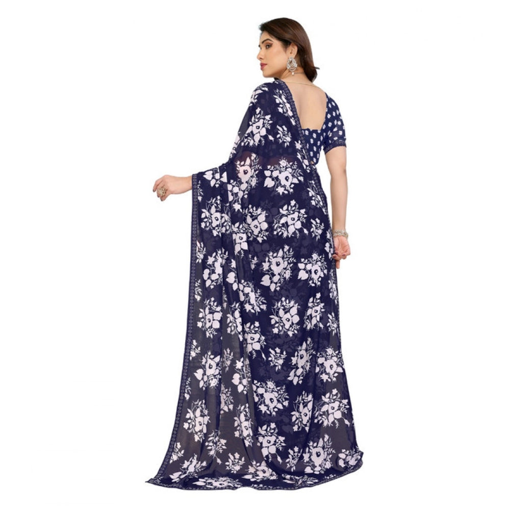 Women's Georgette Printed Saree With Unstitched Blouse 5.5Mtr (Navy Blue)
