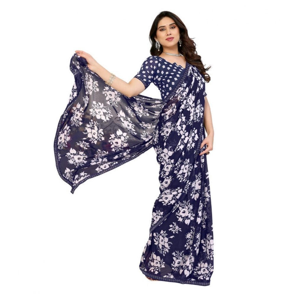 Women's Georgette Printed Saree With Unstitched Blouse 5.5Mtr (Navy Blue)