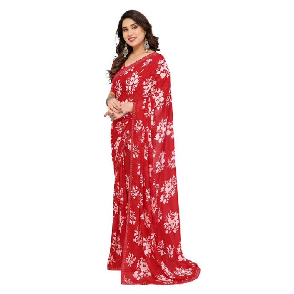 Women's Georgette Printed Saree With Unstitched Blouse 5.5Mtr (Red)