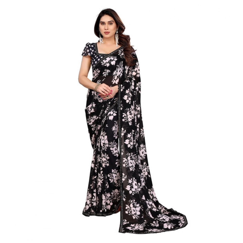 Women's Georgette Printed Saree With Unstitched Blouse 5.5Mtr (Black)