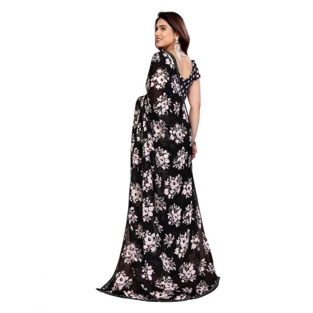 Women's Georgette Printed Saree With Unstitched Blouse 5.5Mtr (Black)