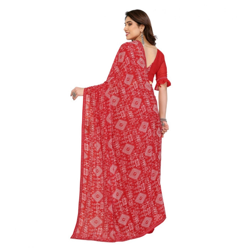 Women's Georgette Printed Saree With Unstitched Blouse 5.5Mtr (Red)