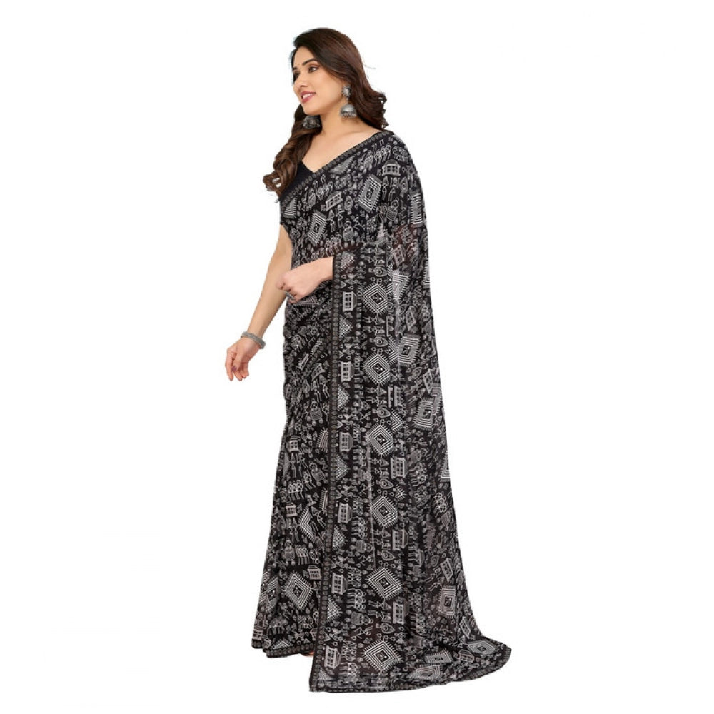 Women's Georgette Printed Saree With Unstitched Blouse 5.5Mtr (Black)