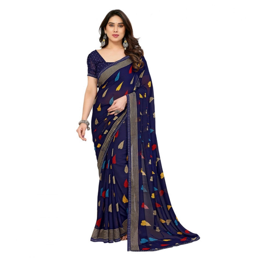Women's Georgette Printed Saree With Unstitched Blouse 5.5Mtr (Navy Blue)