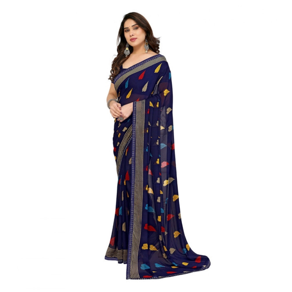 Women's Georgette Printed Saree With Unstitched Blouse 5.5Mtr (Navy Blue)