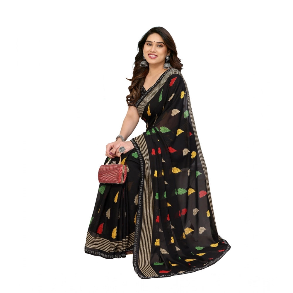 Women's Georgette Printed Saree With Unstitched Blouse 5.5Mtr (Black)