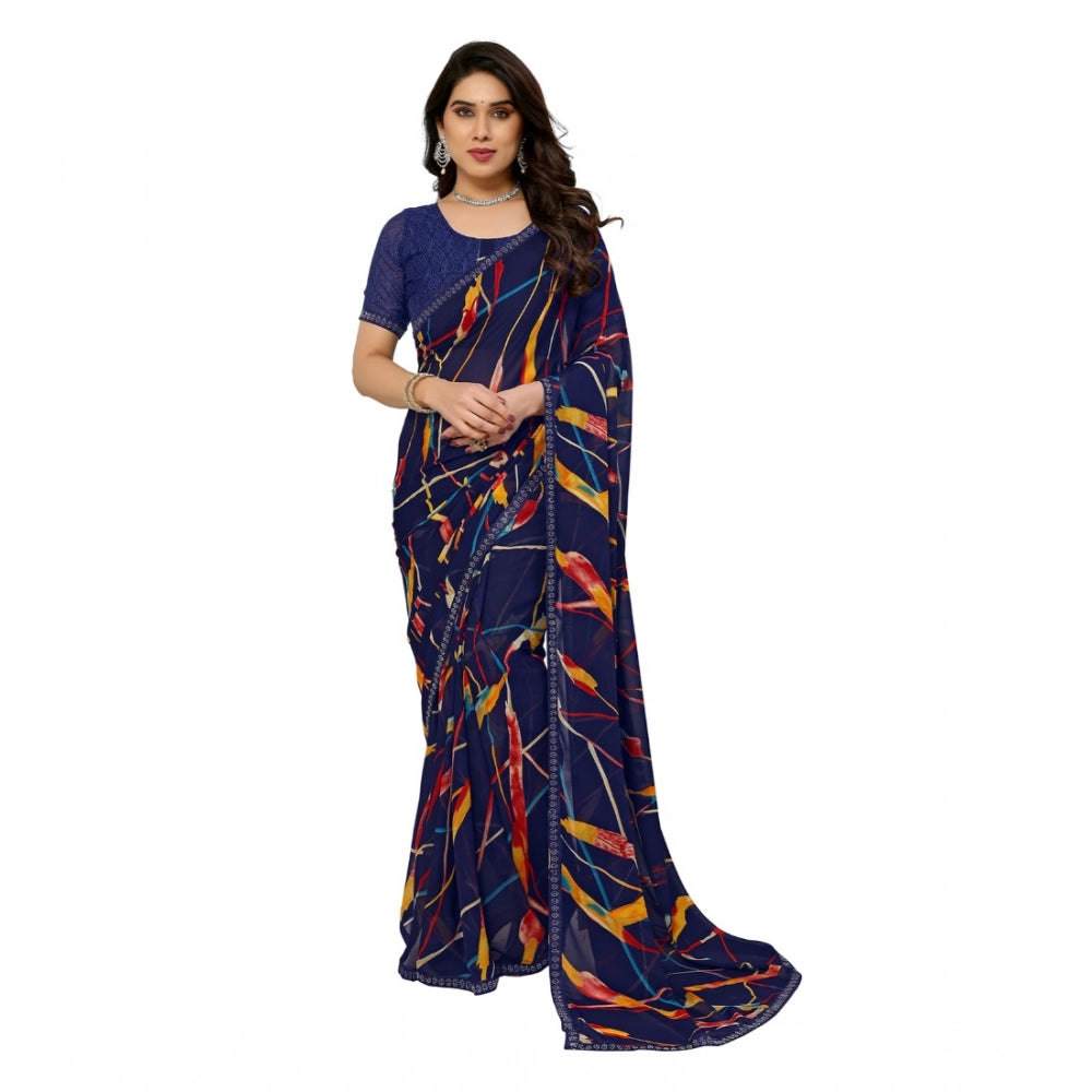 Women's Georgette Printed Saree With Unstitched Blouse 5.5Mtr (Blue)