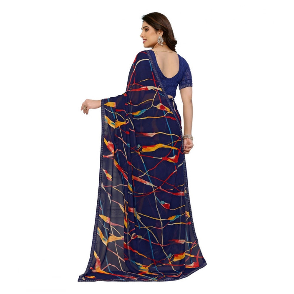 Women's Georgette Printed Saree With Unstitched Blouse 5.5Mtr (Blue)