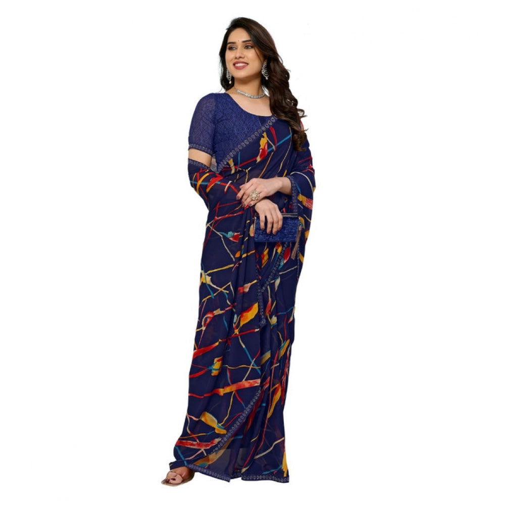 Women's Georgette Printed Saree With Unstitched Blouse 5.5Mtr (Blue)