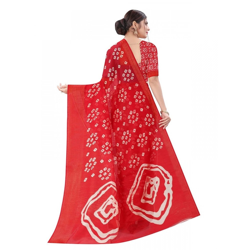 Women's Cotton Silk Bandhni Saree With Unstitched Blouse 5.5Mtr (Red)