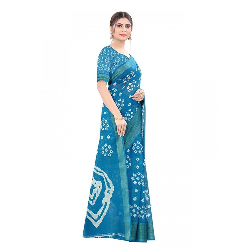 Women's Cotton Silk Bandhni Saree With Unstitched Blouse 5.5Mtr (Sky Blue)