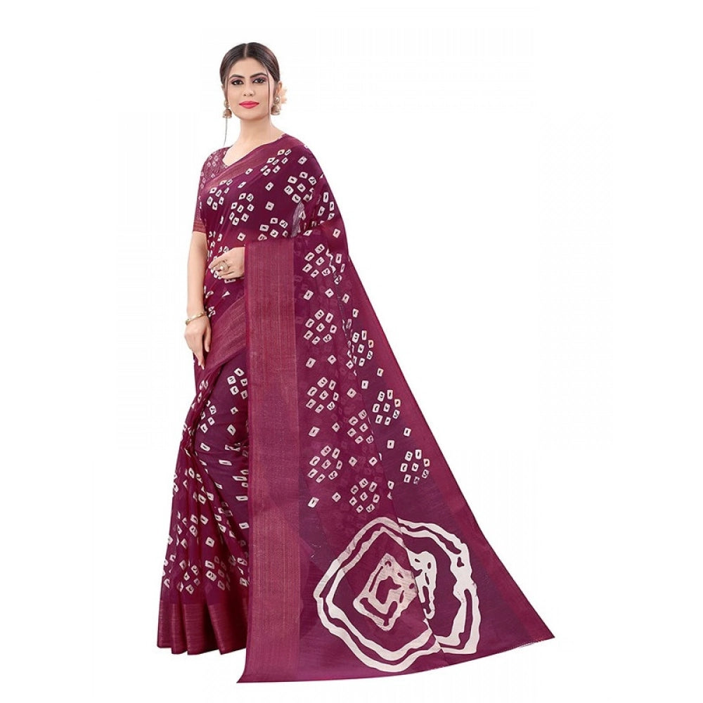 Women's Cotton Silk Bandhni Saree With Unstitched Blouse 5.5Mtr (Purple)