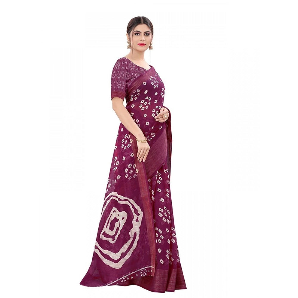 Women's Cotton Silk Bandhni Saree With Unstitched Blouse 5.5Mtr (Purple)