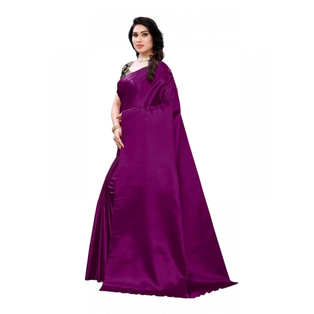 Women's Satin Printed Saree With Unstitched Blouse 5.5Mtr (Purple)
