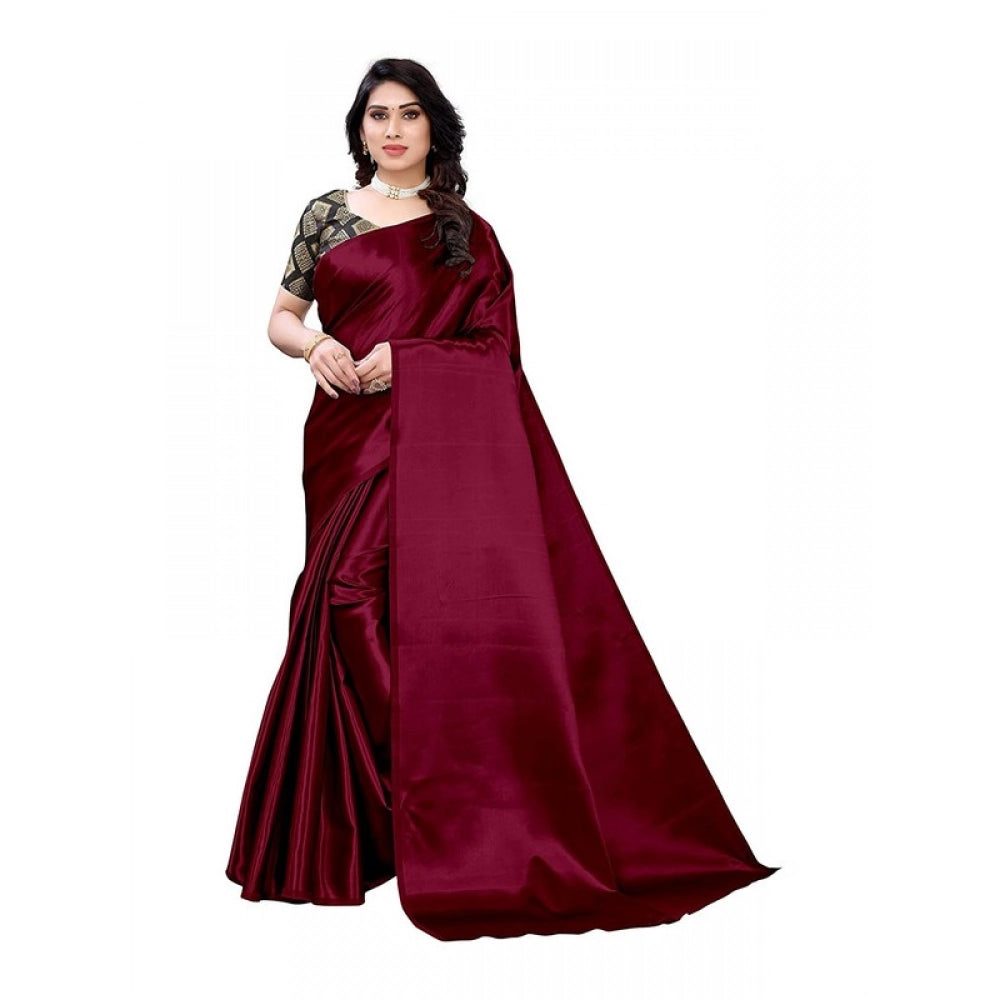 Women's Satin Printed Saree With Unstitched Blouse 5.5Mtr (Maroon)